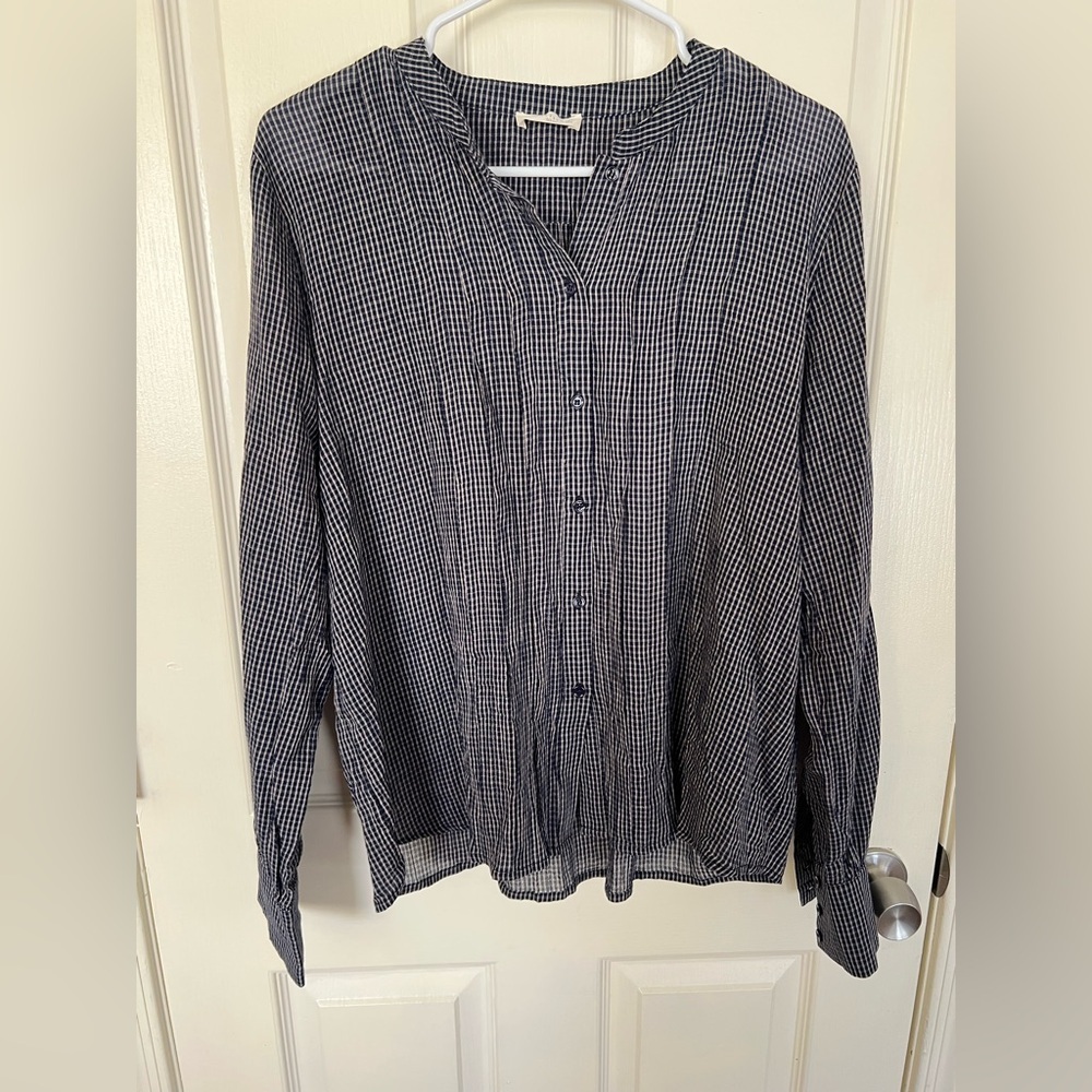 Lovestitch L Navy Gingham Button Front Blouse 100% Cotton
